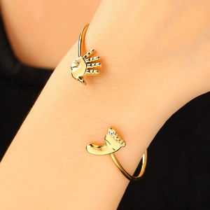 Adjustable gold baby feet and hand open bangle with zircon stone for women