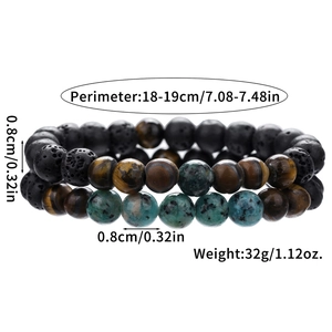 Men's hip hop natural stone bead bracelet set with tiger eye and black lava rock stones