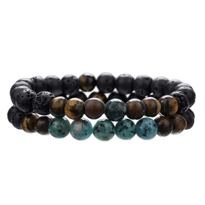 Set of two beaded bracelets with lava stone, tiger eye, and blue-green natural stones
