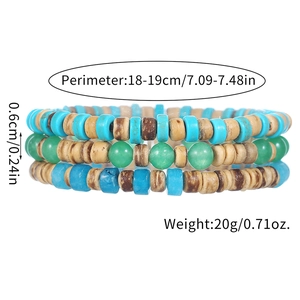 Set di tre bracciali in stile Boho con perle di legno, turchese e pietre naturali verdi