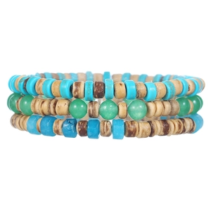 Set di tre braccialetti elastici boho con perline turchesi e gusci di cocco naturali