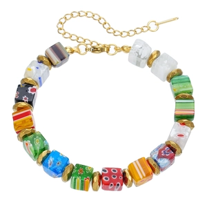 Handmade Murano millefiori glass bead bracelet with gold metal accents and lobster clasp