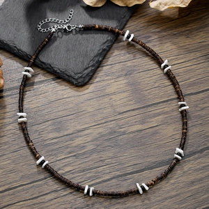Bohemian hip-hop necklace with coconut shell wood beads and white shells for men