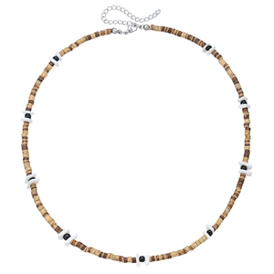 Detail of bohemian surfer necklace with shell pieces, coconut beads and lobster clasp