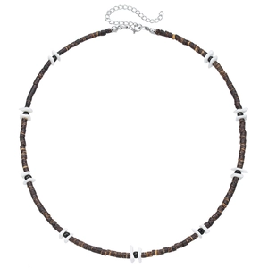 Bohemian beaded necklace for men with brown wood, coconut shells, and white shell pieces