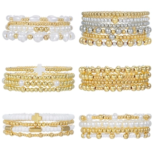 Set di Braccialetti Impilabili Bohemian per Donna Perle Artificiali Conchiglia Croce Perline Multistrato Gioielli in Lega di Rame