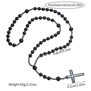 Detailed view of 65cm black beaded cross necklace with 0.8cm polished stones and dimensions