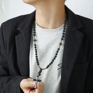 Men's tiger eye and lava stone beaded necklace featuring a vintage metal cross pendant