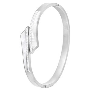 Bracelet en acier titane argenté avec incrustation nacre et zircons en design croisé