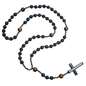 Religious men's necklace with tiger eye beads, volcanic rock, and a silver cross pendant
