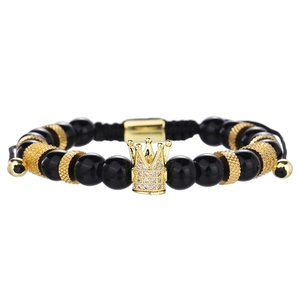 Herren Punk Hip-Hop Krone Armband mit schwarzen Onyx Perlen und Gold Zirkon Krone