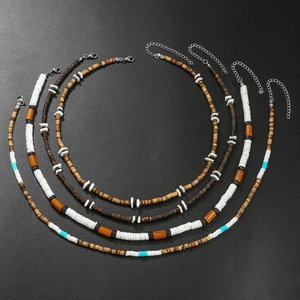 Lot de 4 colliers bohèmes en bois, coque de noix de coco et argile polymère pour homme et femme