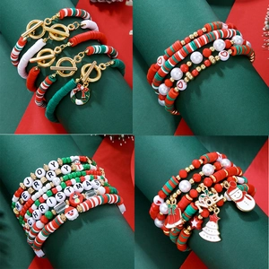 Christmas Bracelet Set For Women Santa Claus Snowman Christmas Tree Enamel Pendants Colorful Bead Alloy Rhinestone Holiday Jewelry Gift