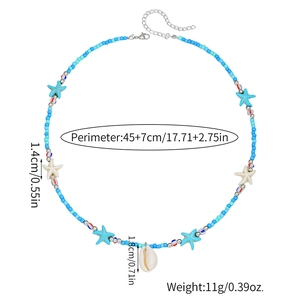 Detail of beaded beach necklace with blue starfish, white shell pendant and size labels