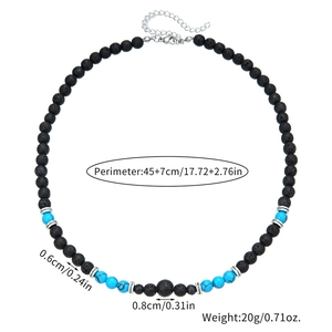 Close-up of beaded necklace showing dimensions and lava stone with turquoise detail