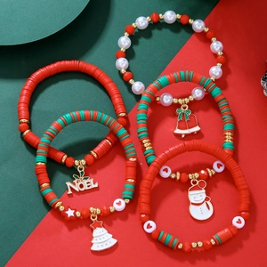 5-piece Christmas bracelet set featuring Santa, snowman, and Noel charms in festive colors