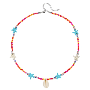 Bohemian multi-layer colorful beaded necklace with shell and starfish charms on white background