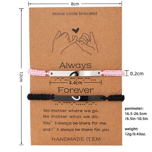 Morse code couple bracelets on display card with adjustable wax rope and steel bar