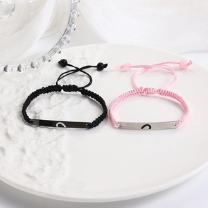 Adjustable wax cord braided couple bracelets with stainless steel half heart metal plates