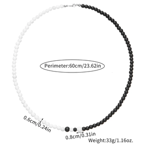 Collar yin-yang de cuentas blancas y negras, acero inoxidable, longitud 60cm para hombres