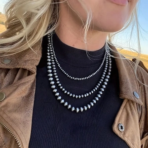 Collier en Künstliche Perles de Style Navajo Pour Hommes Femmes Künstliche Perle Ronde en Métal Brossé Vintage Chaîne en Acier Inoxydable Bijoux Cowboy