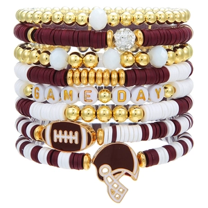 Super Bowl Heishi Perlenarmband Set in Kastanienrot und Weiß mit GAME DAY Perlen