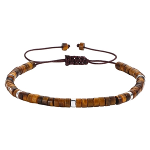 Detailed close-up of tiger eye stone beads and silver metal spacers on a braided rope bracelet