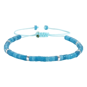 Adjustable woven bracelet with blue stones, metallic beads, and pull-string closure