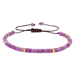 Adjustable woven friendship bracelet with purple natural stones and gold spacer beads