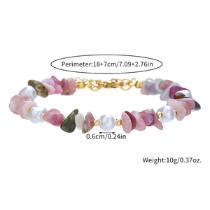 Pulsera artesanal de piedras naturales rosas, gemas verdes y perlas blancas