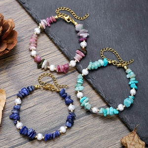 Pulsera Vintage de Acero Inoxidable con Perlas Artificiales y Piedras Naturales para Mujer Lapislázuli Turquesa Joyería Bohemia
