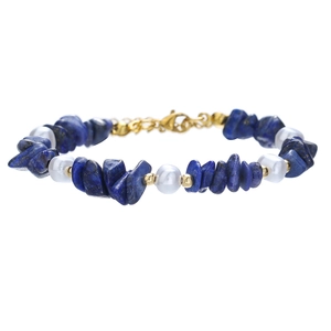 Pulsera de lapislázuli y perlas con cuentas de acero dorado y cadena de extensión