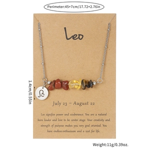 Detail of Leo zodiac necklace with natural crushed stones on kraft paper display card