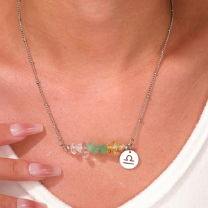 Stainless steel Libra necklace with natural stone chips and engraved zodiac pendant