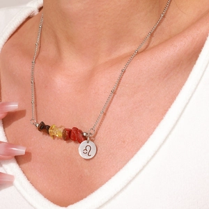 Leo zodiac necklace with colorful raw gemstones on silver stainless steel chain for women