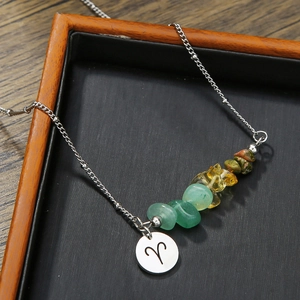 Macro view of Aries constellation necklace featuring silver metal and natural stone beads