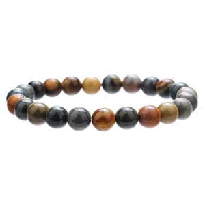 Dettaglio di perline in pietra naturale lucida da 8-10mm su un bracciale yoga dai toni terra