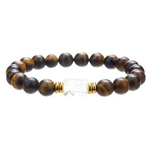 Bracciale di perle occhio di tigre con cristallo rettangolare e dettagli dorati