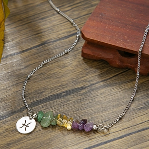 Macro detail of silver Pisces pendant necklace with colorful natural crushed stones