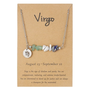 Virgo constellation necklace with natural crushed stones and stainless steel charm on card
