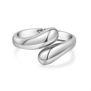 Polished silver irregular serpent open bangle with minimalist mirror finish and hinge