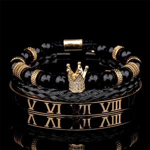 Set di Bracciali Punk Hip Hop da Uomo Bracciale Rigido con Numeri Romani in Acciaio Inossidabile Corona di Zirconia Intarsiata in Rame Gioielli