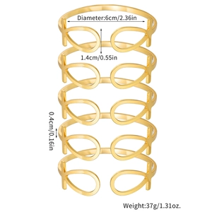Detailed view of stacked gold bracelets set with precise size measurements in inches