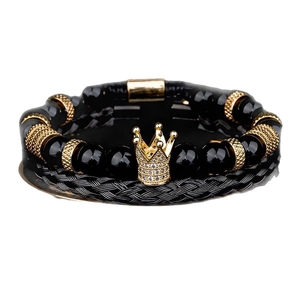 Set bracciali punk hip hop con perle di agata nera, corona dorata e corda intrecciata