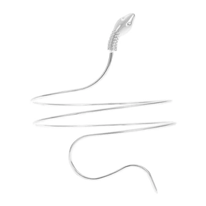 Detail of silver snake arm cuff featuring triple-layered coil and smooth animal head design