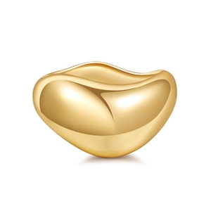 Polished gold bean-shaped minimalist open ring with a glossy reflective metal finish