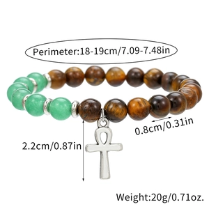 Detailweergave van tijgeroog kralenarmband met Ankh-hanger en bijbehorende afmetingen