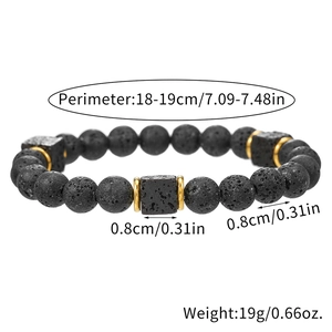 Pulsera artesanal de cuentas de piedra de lava negra con detalles dorados y cuentas de 0,8cm