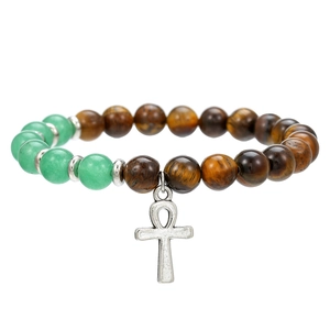 Natuurstenen armband met tijgeroog, groene aventurijn en zilveren Ankh-kruishanger
