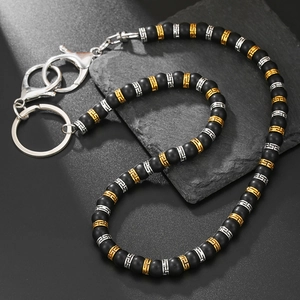 Chaîne de pantalon en perles noires mates avec accents grecs et fermoir mousqueton